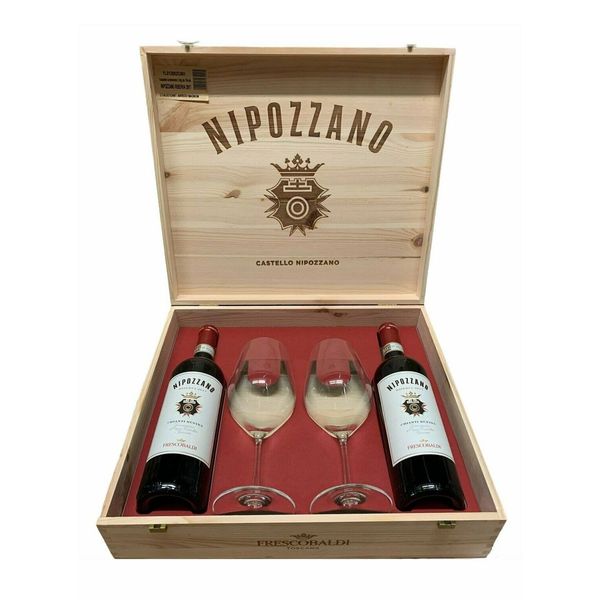 2. Nipozzano Riserva - Wooden case with 2 bottles and 2 glasses Marchese De Frescobaldi 