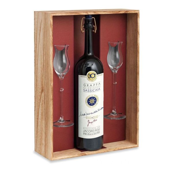 Grappa di Sassicaia - Wooden case with 1 bottle and 2 glasses