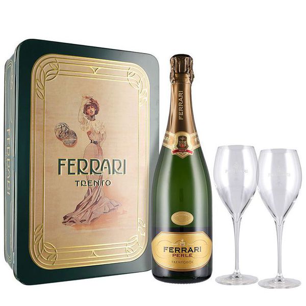 1. Ferrari Perlé edizione speciale in scatola di latta Vintage + 2 flûte Ferrari F.lli Lunelli 